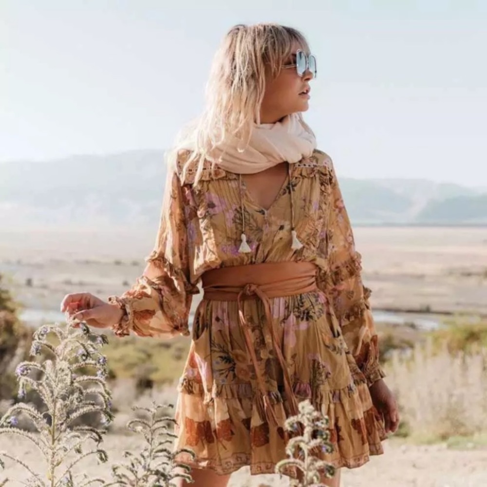 SOLD OUT Golden Floral Ruffle Fall Boho Mini Dress - Picture 5 of 11
